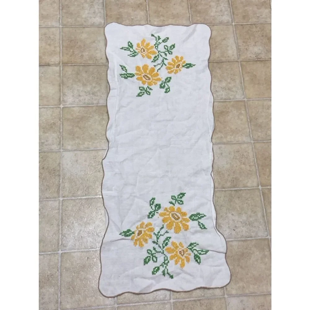 Hand-Embroidered Linen Table Runner with Yellow Floral Motif